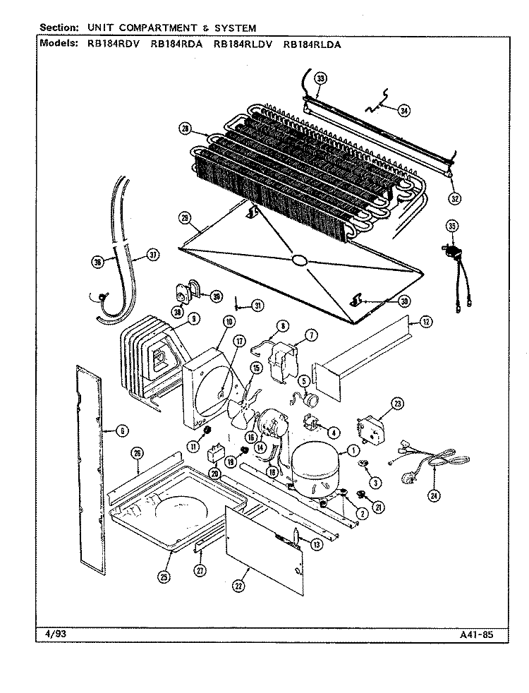 UNIT COMPARTMENT & SYSTEM Diagram and Parts List for RB184RDA DG47A Admiral Refrigerator
