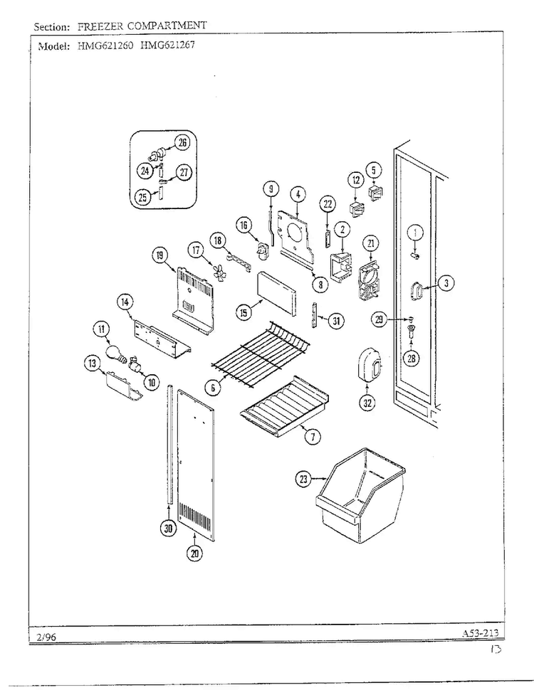 Freezer Compartment Diagram and Parts List for HMG621267  Admiral Refrigerator