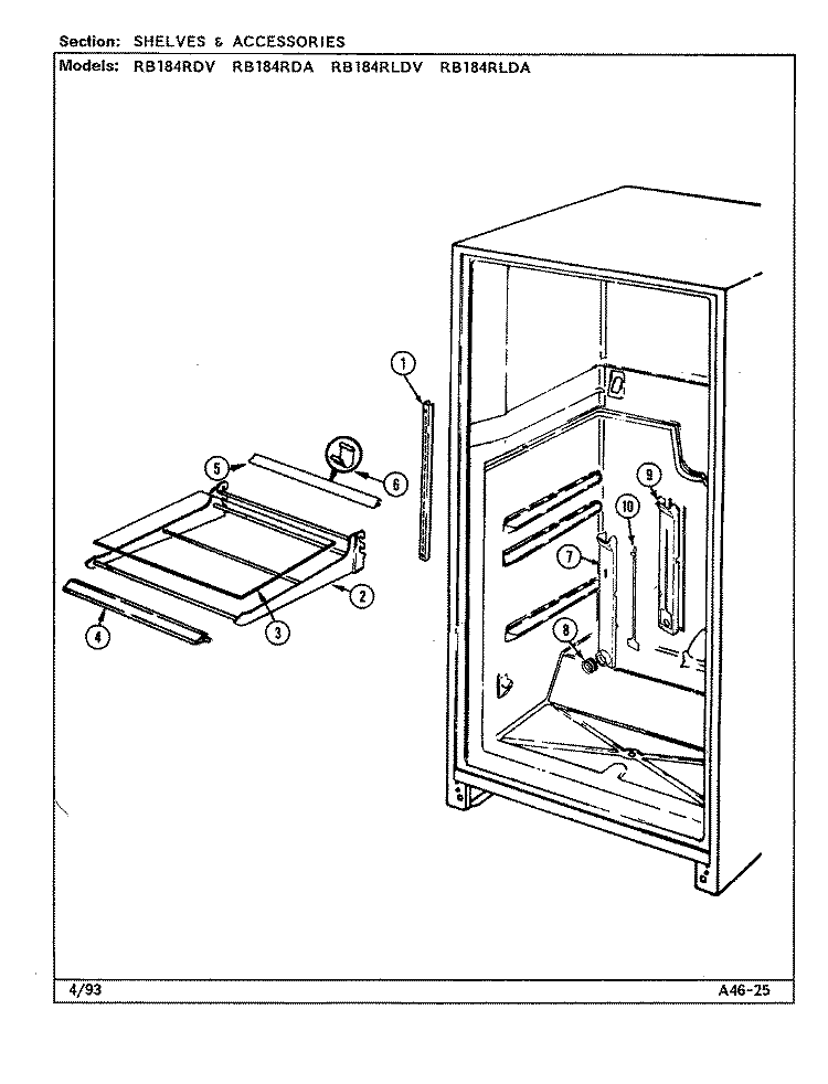 SHELVES & ACCESSORIES Diagram and Parts List for RB184RDA DG47A Admiral Refrigerator