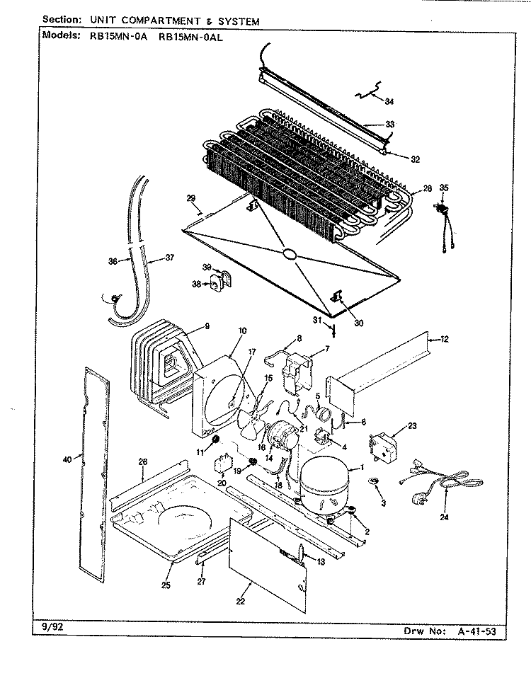 UNIT COMPARTMENT & SYSTEM Diagram and Parts List for RB15MN-0AL CG07B Amana Refrigerator