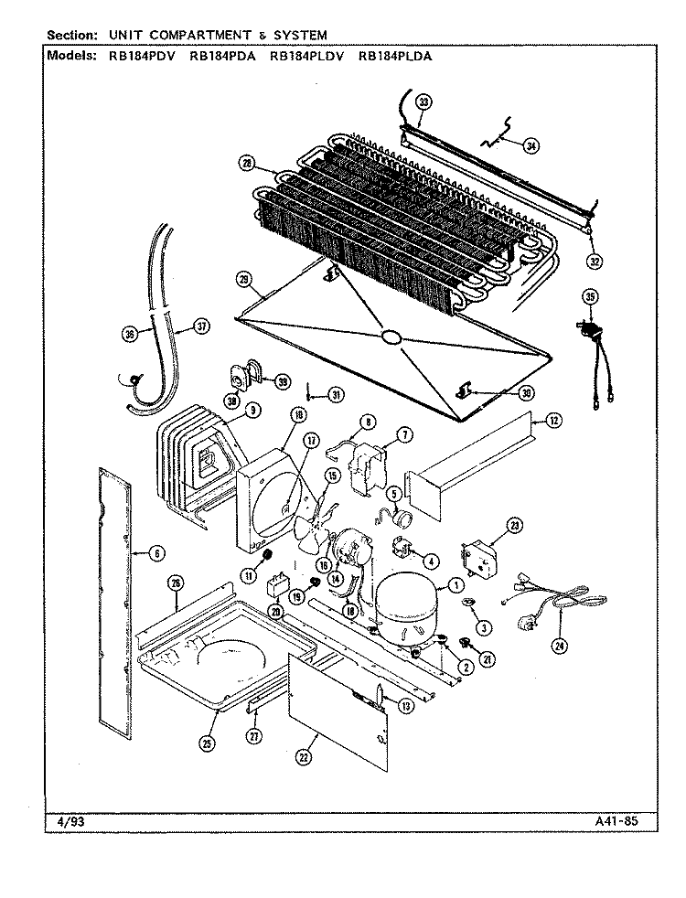 UNIT COMPARTMENT & SYSTEM Diagram and Parts List for RB184PLDA DG45A Admiral Refrigerator