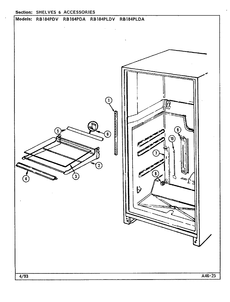 SHELVES & ACCESSORIES Diagram and Parts List for RB184PLDA DG45A Admiral Refrigerator