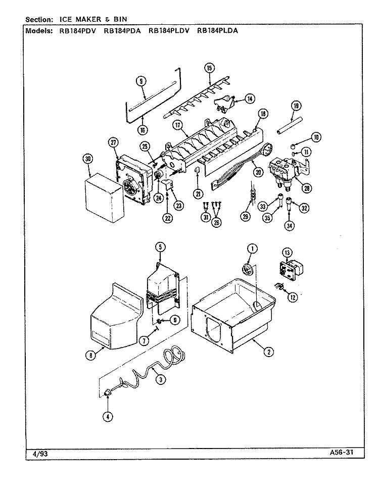 ICE MAKER & BIN Diagram and Parts List for RB184PLDA DG45A Admiral Refrigerator