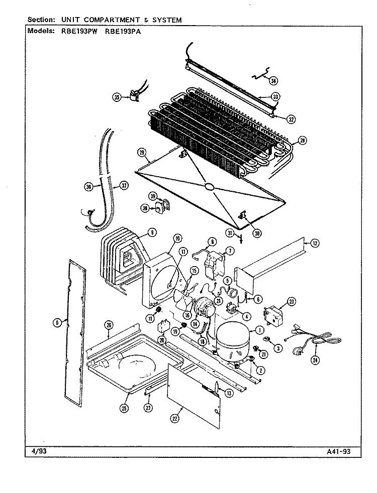 UNIT COMPARTMENT & SYSTEM Diagram and Parts List for RBE193PW DG62A Maytag Refrigerator