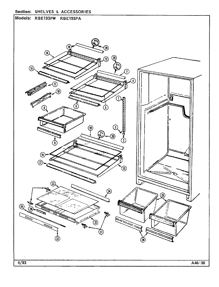 SHELVES & ACCESSORIES Diagram and Parts List for RBE193PW DG62A Maytag Refrigerator
