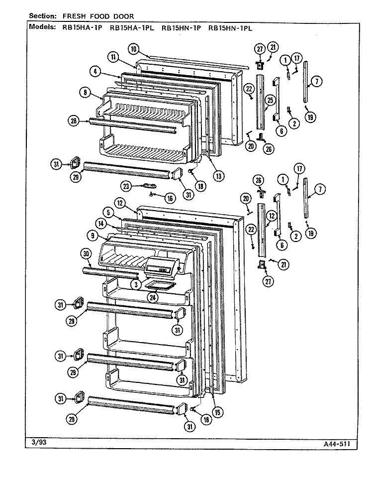 FRESH FOOD DOOR Diagram and Parts List for RB15HA-1PL  Magic Chef Refrigerator