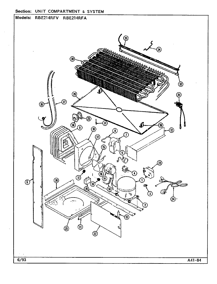 UNIT COMPARTMENT & SYSTEM Diagram and Parts List for RBE214RFV DD53A Admiral Refrigerator