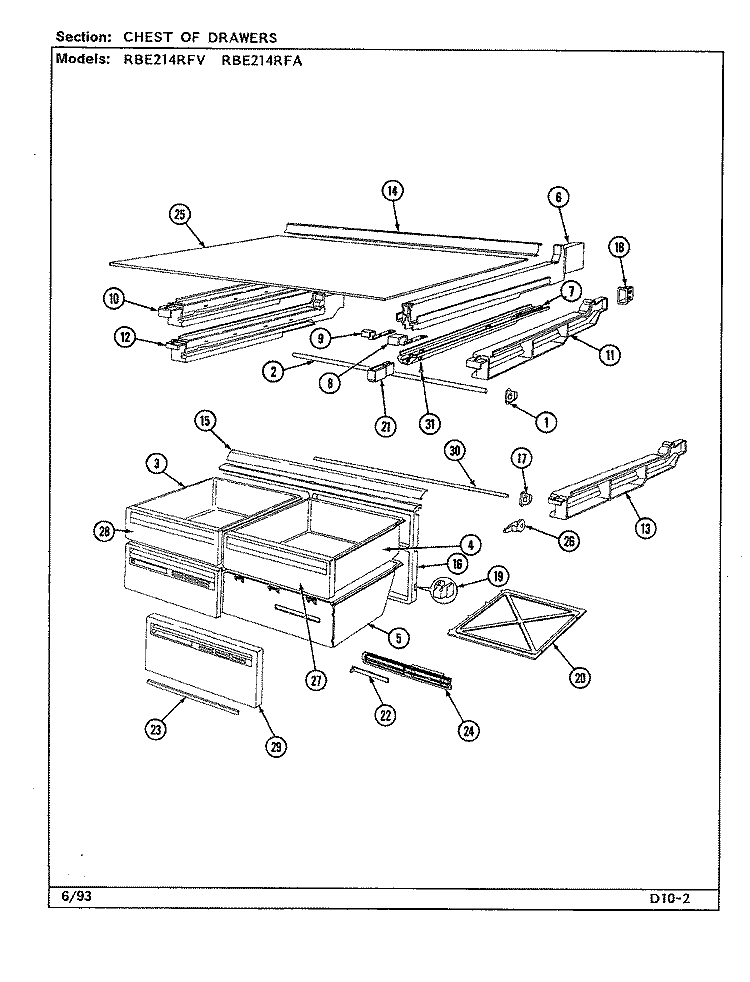 CHEST OF DRAWERS Diagram and Parts List for RBE214RFV DD53A Admiral Refrigerator
