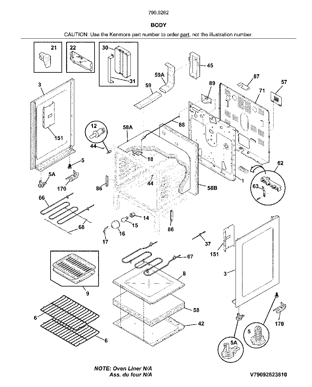 Body Diagram and Parts List for 79092622810  Kenmore Range