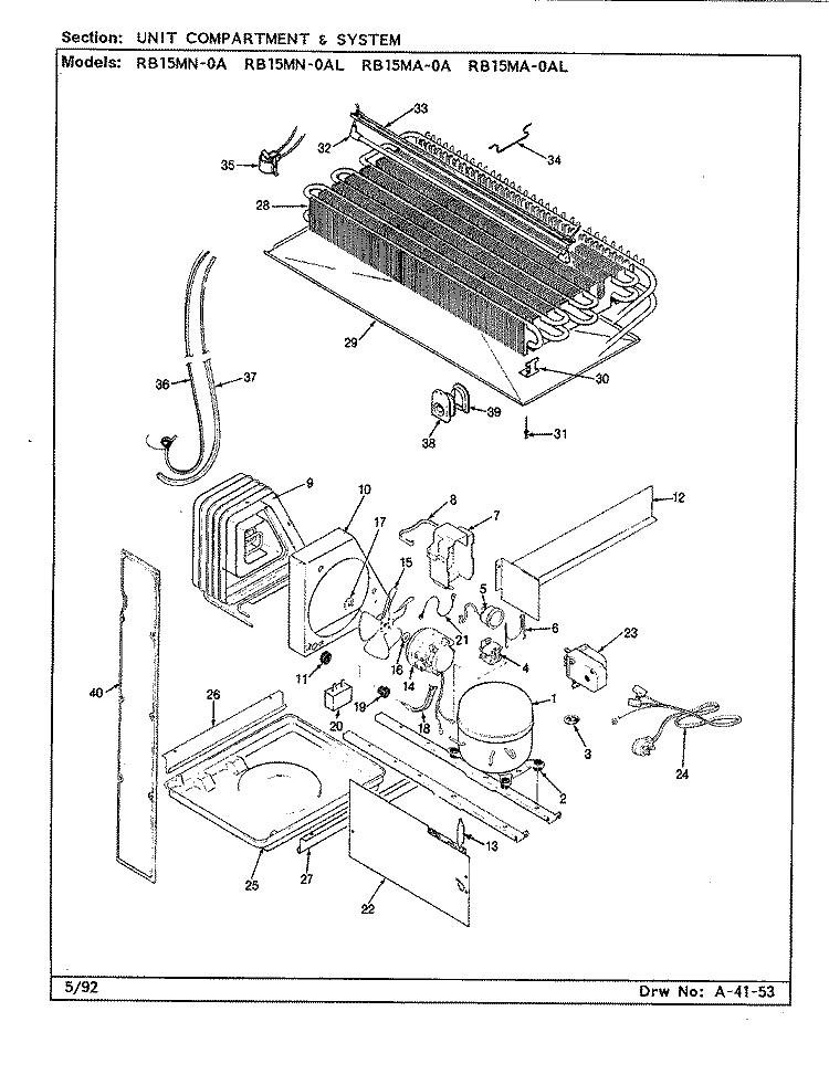 UNIT COMPARTMENT & SYSTEM Diagram and Parts List for RB15MA-0AL CG09A Amana Refrigerator