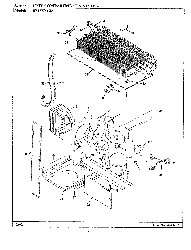 UNIT COMPARTMENT & SYSTEM Diagram and Parts List for RB17KA-2A BG31C Admiral Refrigerator