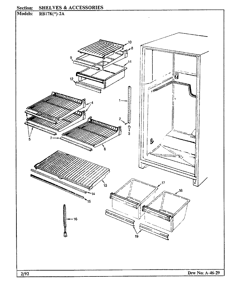 SHELVES & ACCESSORIES Diagram and Parts List for RB17KA-2A BG31C Admiral Refrigerator