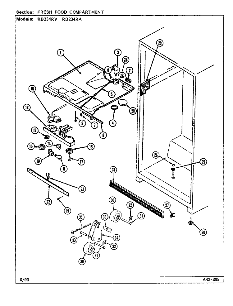 FRESH FOOD COMPARTMENT Diagram and Parts List for RB234RA DD94A Magic Chef Refrigerator