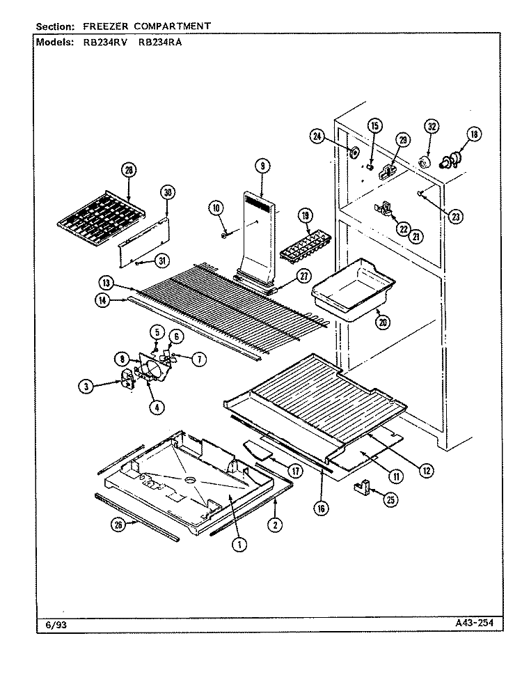 FREEZER COMPARTMENT Diagram and Parts List for RB234RA DD94A Magic Chef Refrigerator