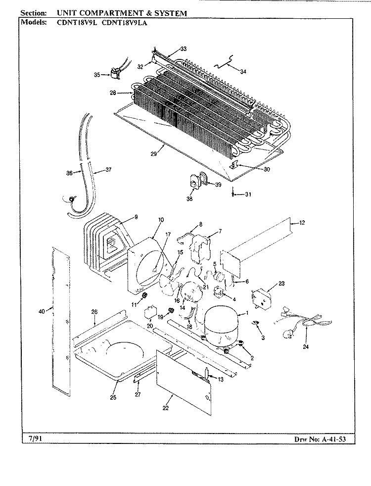 UNIT COMPARTMENT & SYSTEM Diagram and Parts List for CDNT18V9L BC45A Admiral Refrigerator