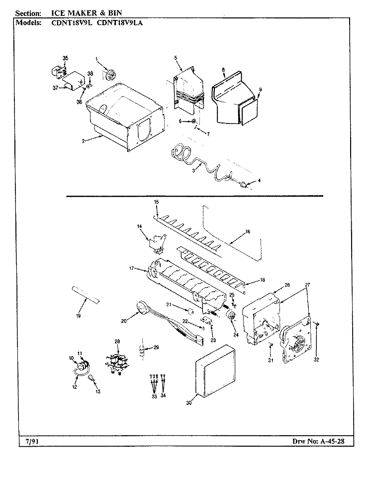ICE MAKER & BIN Diagram and Parts List for CDNT18V9L BC45A Admiral Refrigerator