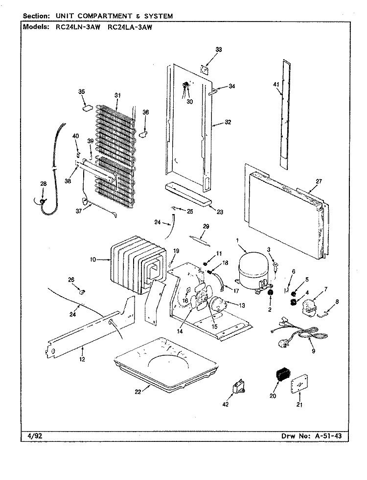 UNIT COMPARTMENT & SYSTEM Diagram and Parts List for RC24LA-3AW CS82A Amana Refrigerator