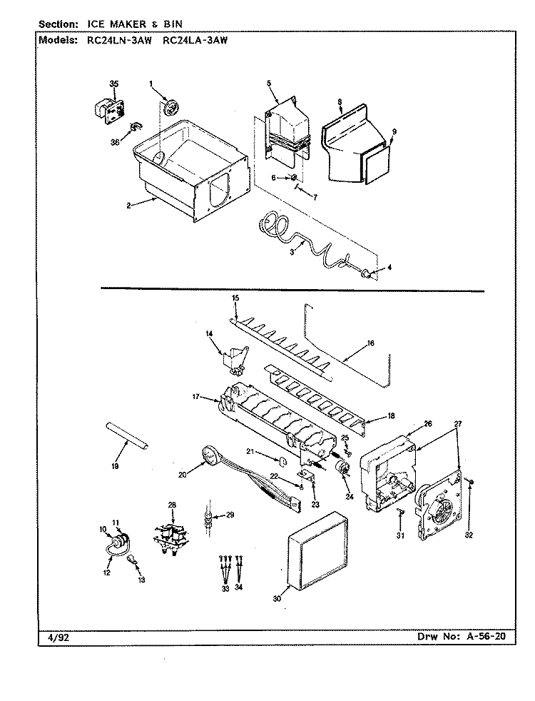 ICE MAKER & BIN Diagram and Parts List for RC24LA-3AW BS82C Amana Refrigerator