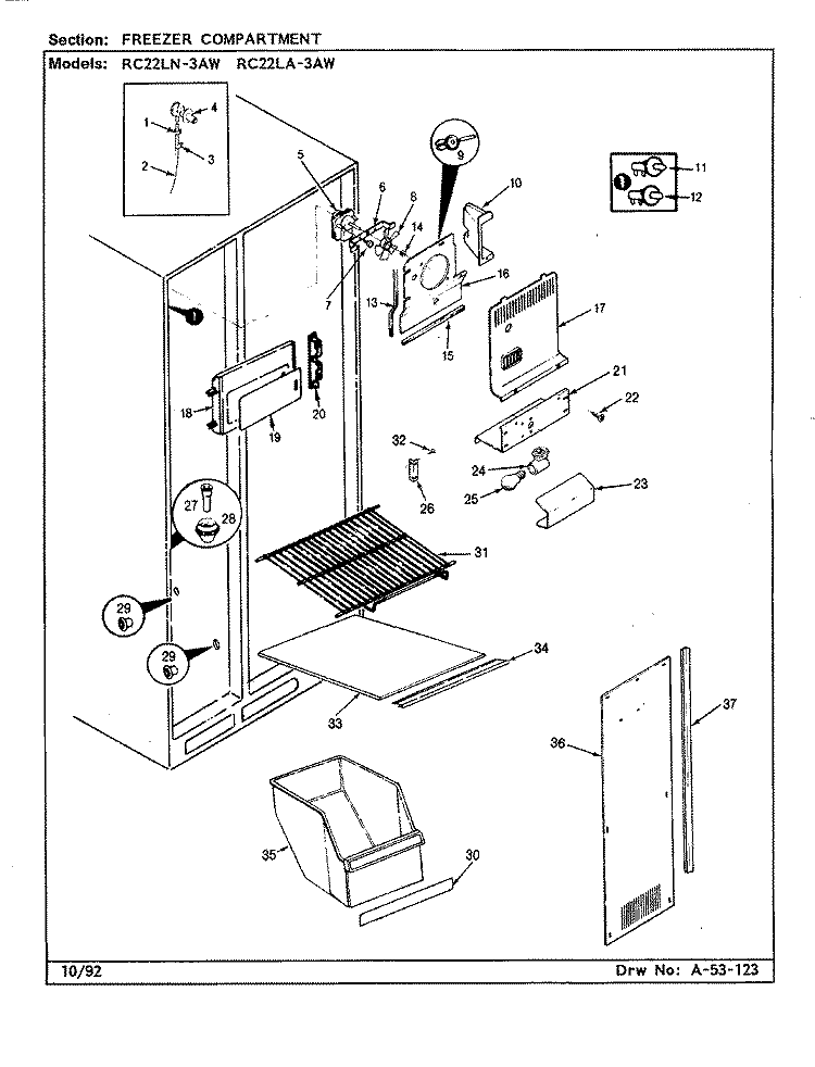 FREEZER COMPARTMENT Diagram and Parts List for RC22LN-3AW CS33A Admiral Refrigerator