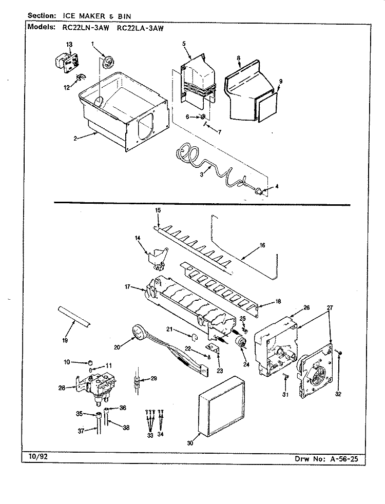ICE MAKER & BIN Diagram and Parts List for RC22LN-3AW CS33A Admiral Refrigerator