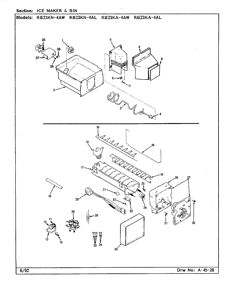 ICE MAKER & BIN Diagram and Parts List for RB23KN-4AW BG97B Admiral Refrigerator