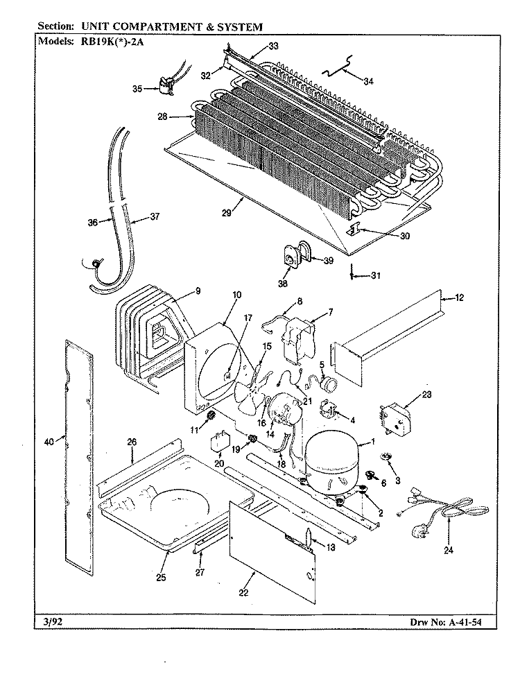 UNIT COMPARTMENT & SYSTEM Diagram and Parts List for RB19KA-2A CG58A Admiral Refrigerator