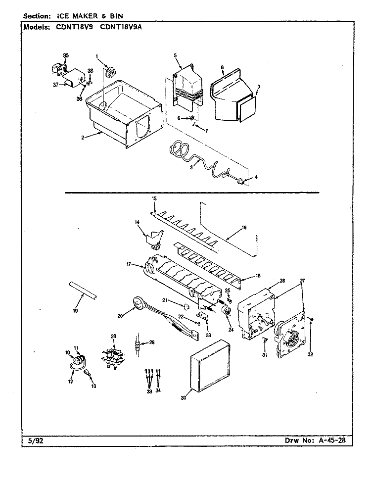 ICE MAKER & BIN Diagram and Parts List for CDNT18V9 CC44A Admiral Refrigerator