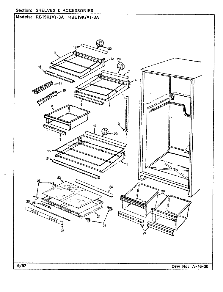 SHELVES & ACCESSORIES Diagram and Parts List for RBE19KA-3A CG61A Admiral Refrigerator