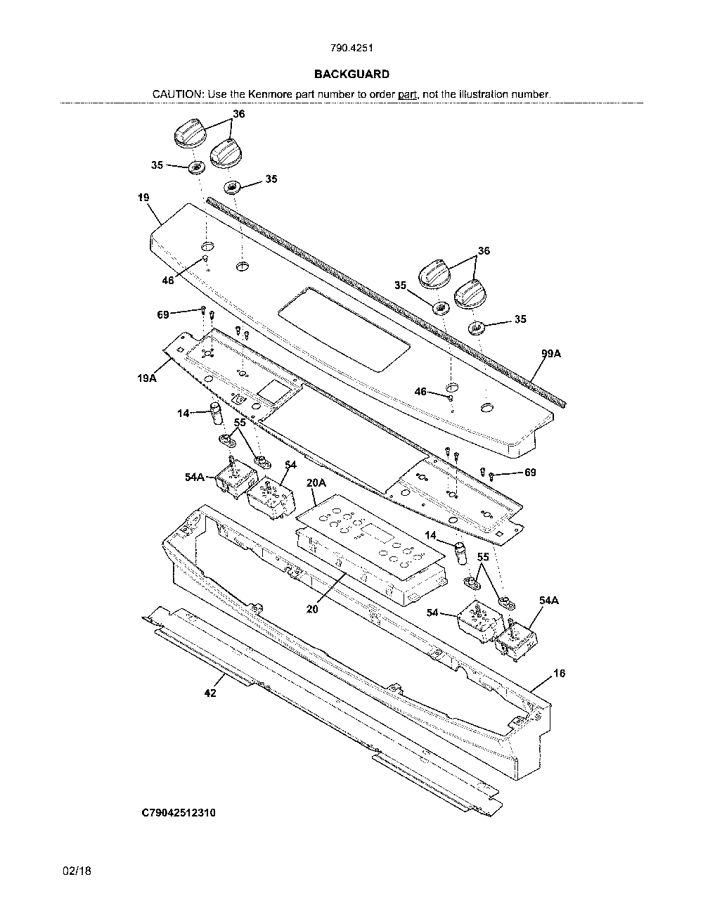 Backguard Diagram and Parts List for 79042512314  Kenmore Range