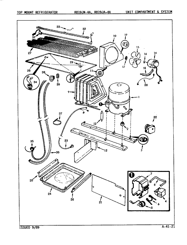 UNIT COMPARTMENT Diagram and Parts List for RB19JA-4A 9A22A Magic Chef Refrigerator