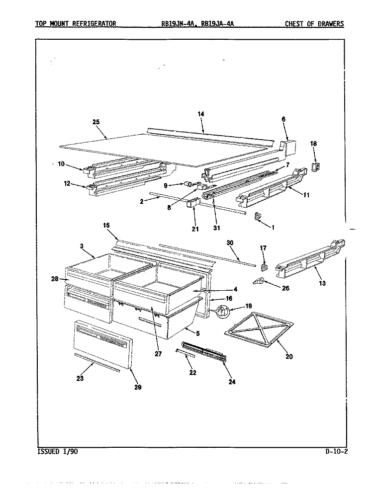 CHEST OF DRAWERS Diagram and Parts List for RB19JA-4A 9A22A Magic Chef Refrigerator