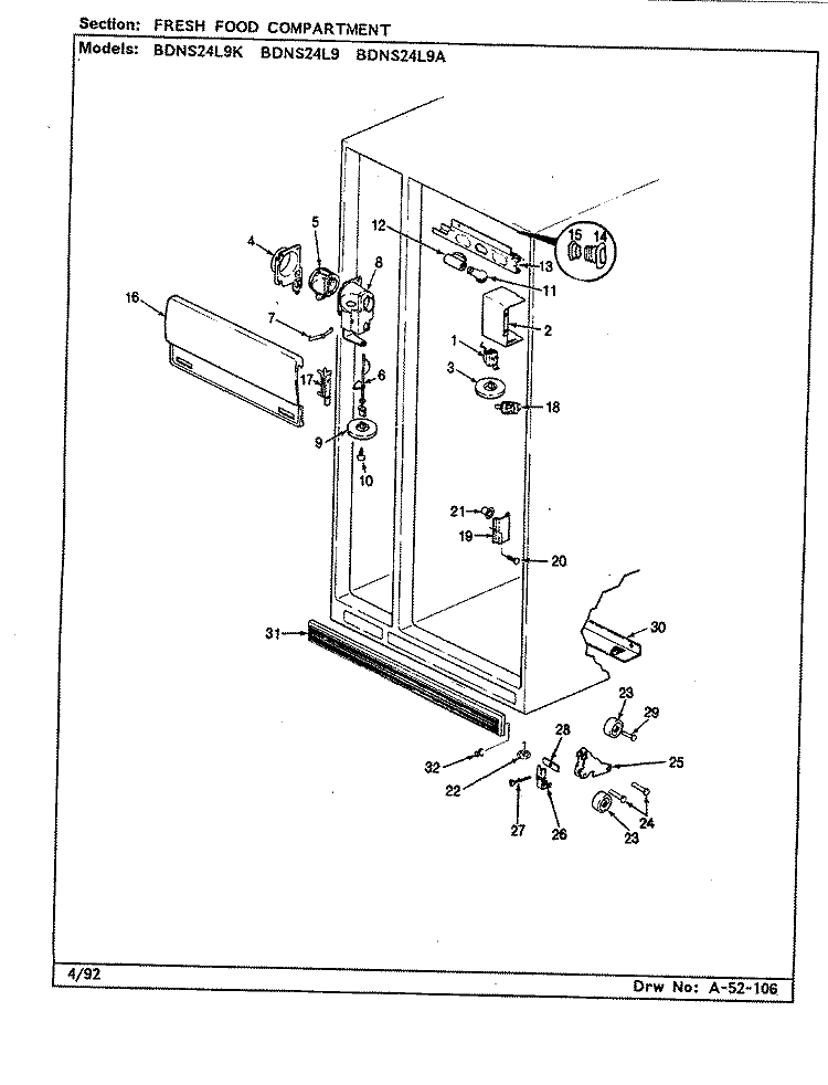 FRESH FOOD COMPARTMENT Diagram and Parts List for BDNS24L9K BN92F Admiral Refrigerator
