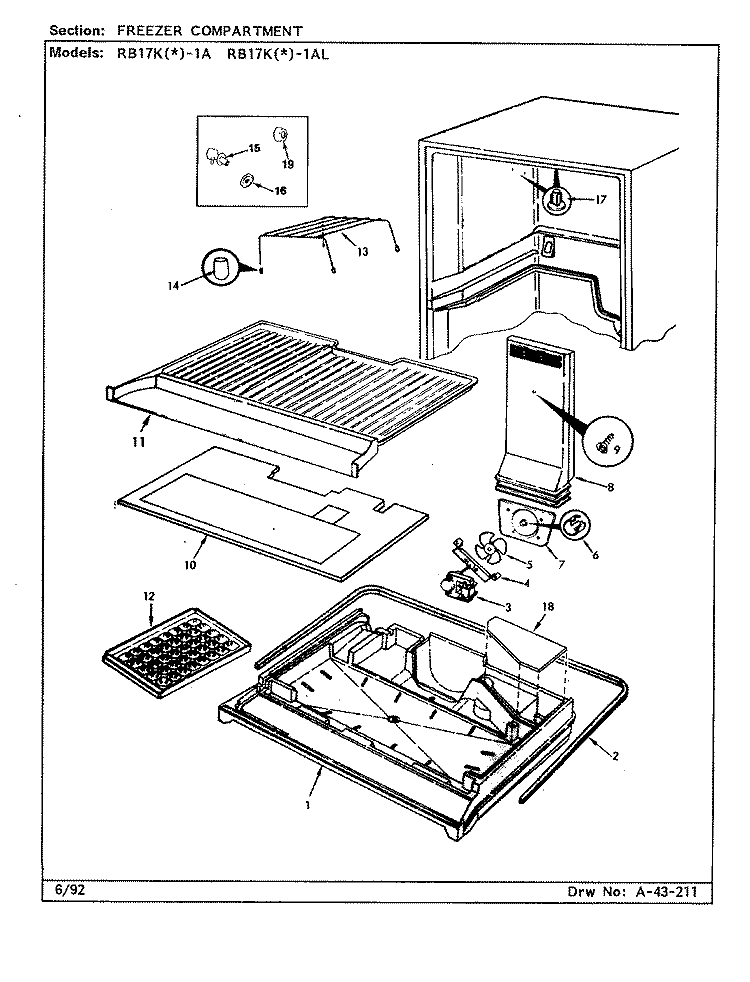 FREEZER COMPARTMENT Diagram and Parts List for RB17KA-1AL BG22C Admiral Refrigerator