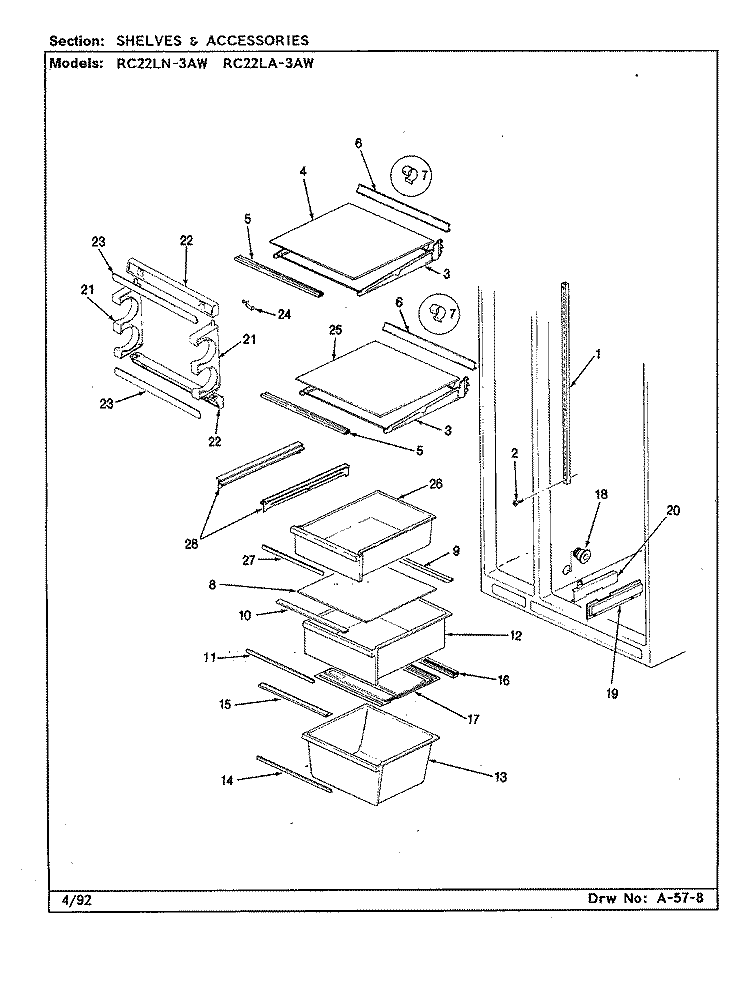 SHELVES & ACCESSORIES Diagram and Parts List for RC22LN-3AW CS31A Admiral Refrigerator
