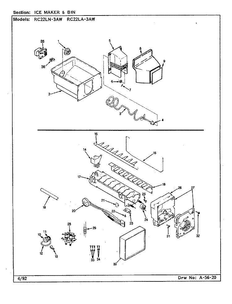 ICE MAKER & BIN Diagram and Parts List for RC22LN-3AW CS31A Admiral Refrigerator