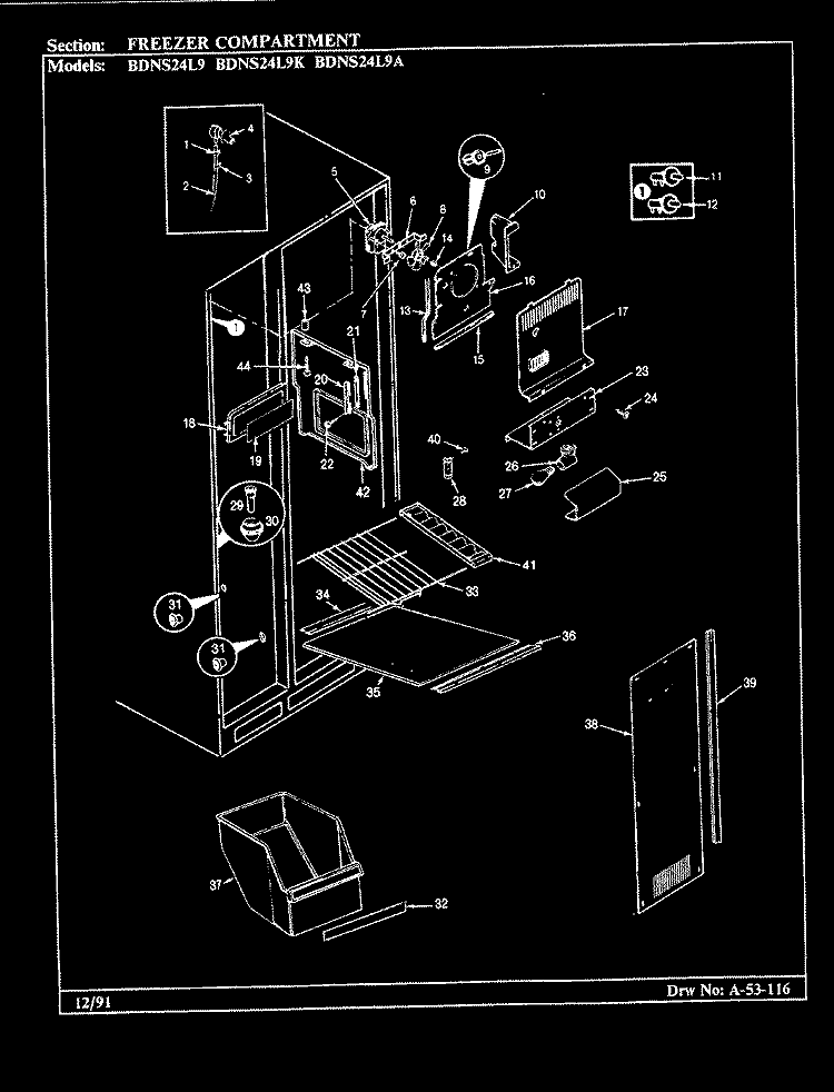 SHELVES & ACCESSORIES Diagram and Parts List for BDNS24L9A BU86A Admiral Refrigerator