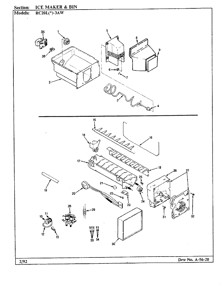 ICE MAKER & BIN Diagram and Parts List for RC20LA-3AW BS10B Admiral Refrigerator