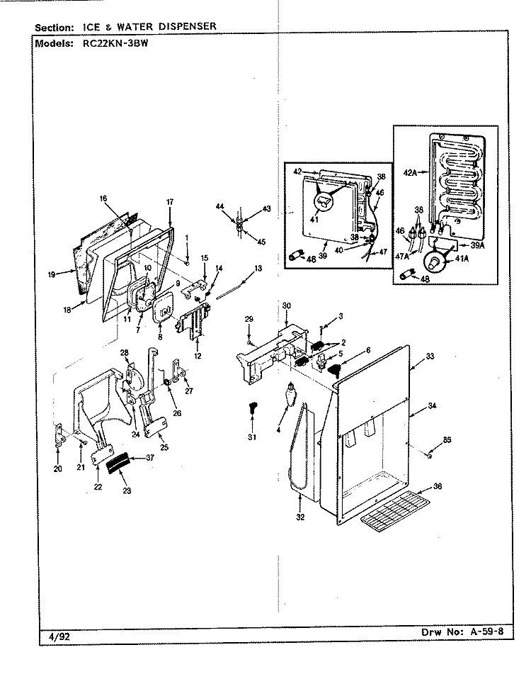 ICE & WATER DISPENSER Diagram and Parts List for RC22KN-3BW CS35A Admiral Refrigerator