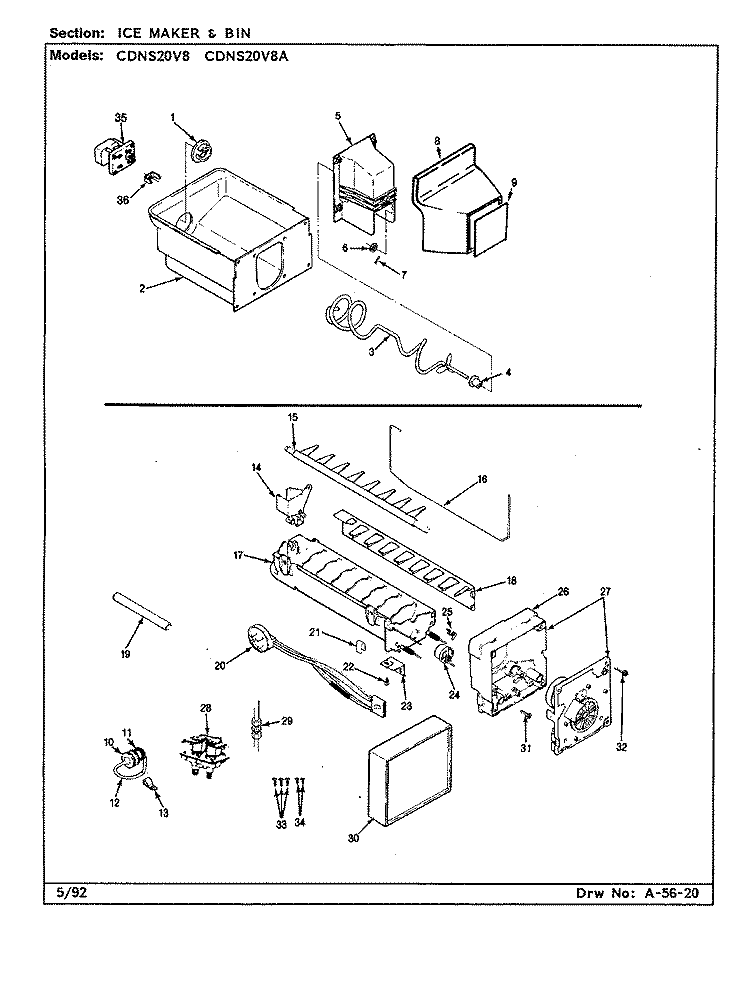 ICE MAKER & BIN Diagram and Parts List for CDNS20V8A CR08A Admiral Refrigerator