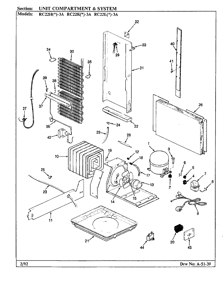 UNIT COMPARTMENT & SYSTEM Diagram and Parts List for RC22LN-3A BS11A Amana Refrigerator