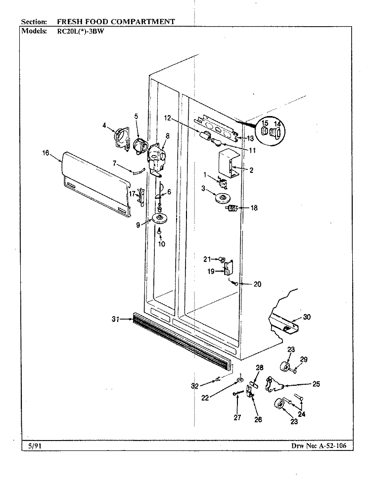 FRESH FOOD COMPARTMENT Diagram and Parts List for RC20LA-3BW BS08A Amana Refrigerator