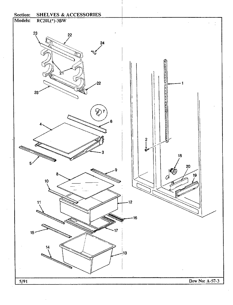 SHELVES & ACCESSORIES Diagram and Parts List for RC20LA-3BW BS08A Amana Refrigerator
