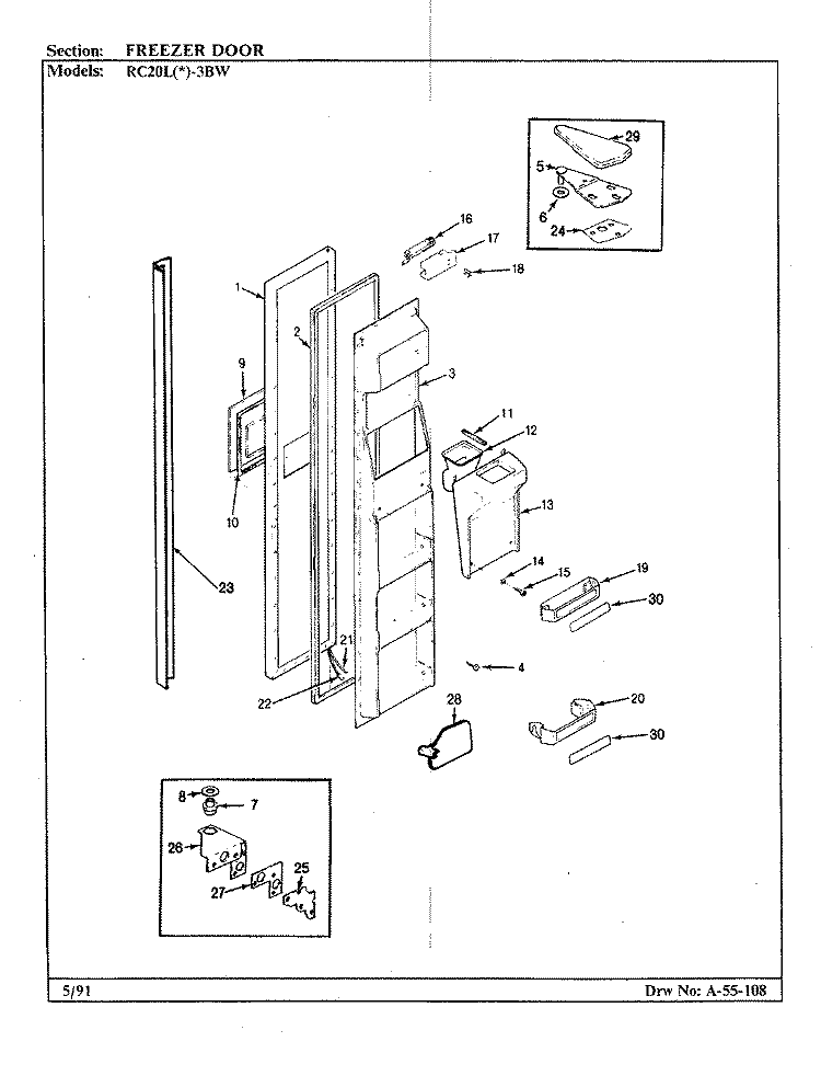 FREEZER DOOR Diagram and Parts List for RC20LA-3BW BS08A Amana Refrigerator