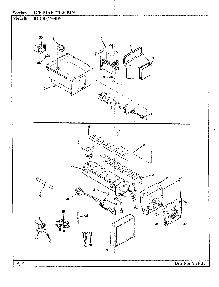 ICE MAKER & BIN Diagram and Parts List for RC20LA-3BW BS08A Amana Refrigerator