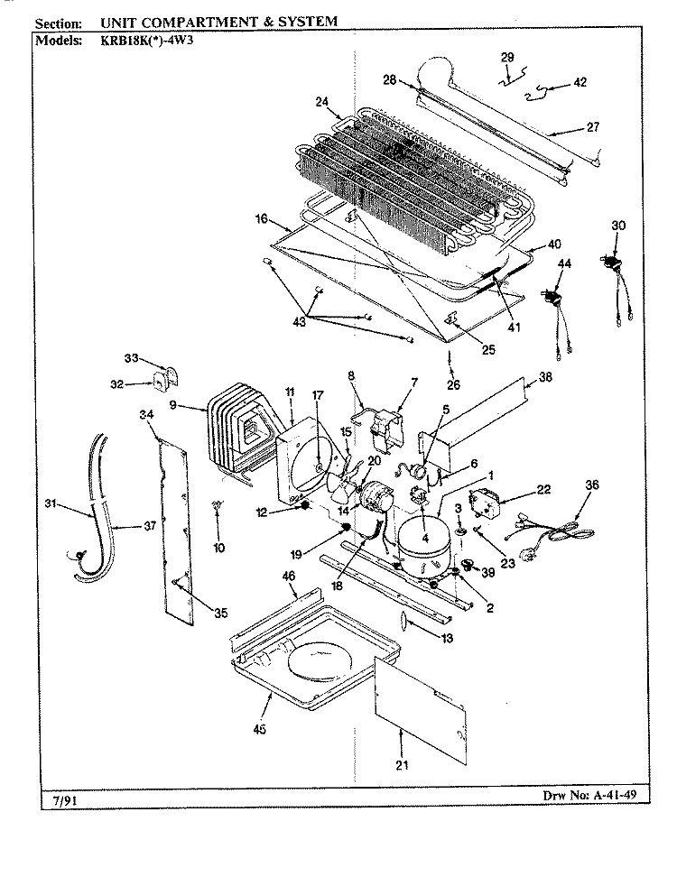 UNIT COMPARTMENT & SYSTEM Diagram and Parts List for KRB18KA4W3 BF42B Admiral Refrigerator
