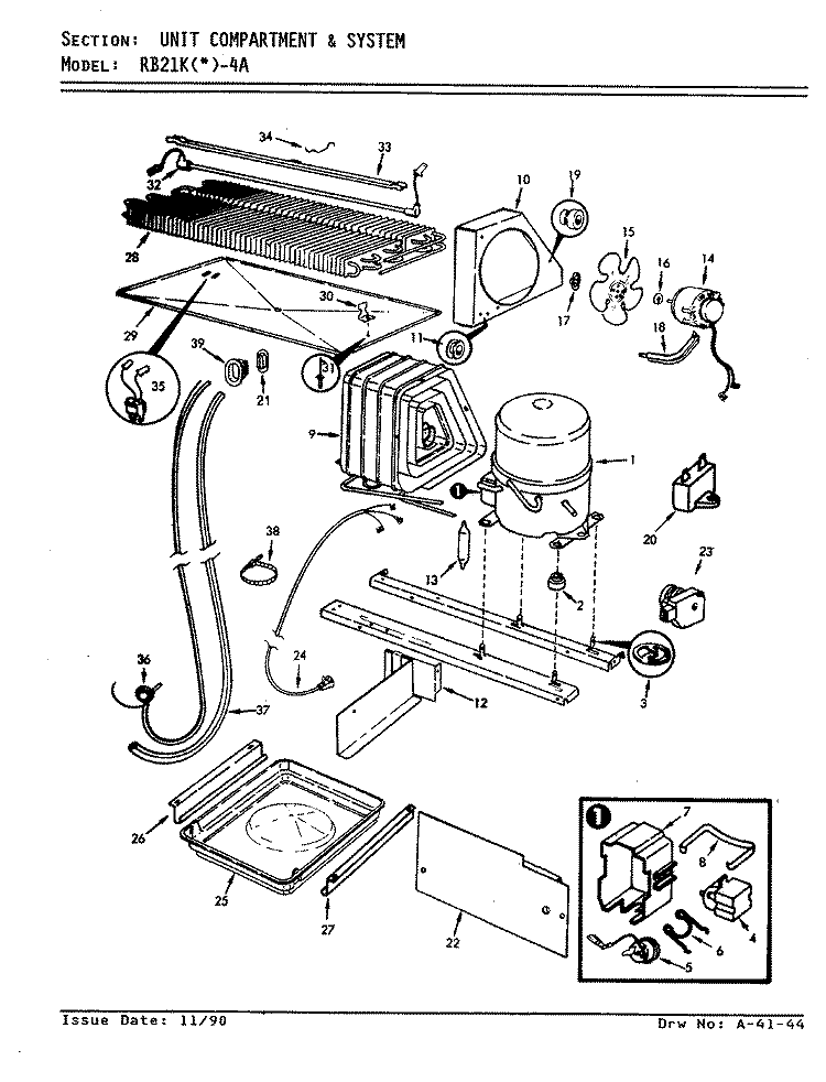 UNIT COMPARTMENT & SYSTEM Diagram and Parts List for RB21KA-4A AG71D Magic Chef Refrigerator