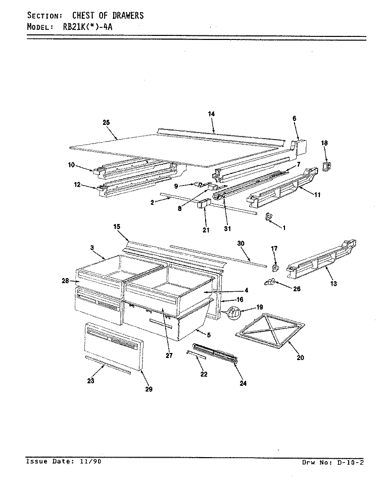 CHEST OF DRAWERS Diagram and Parts List for RB21KA-4A AG71D Magic Chef Refrigerator