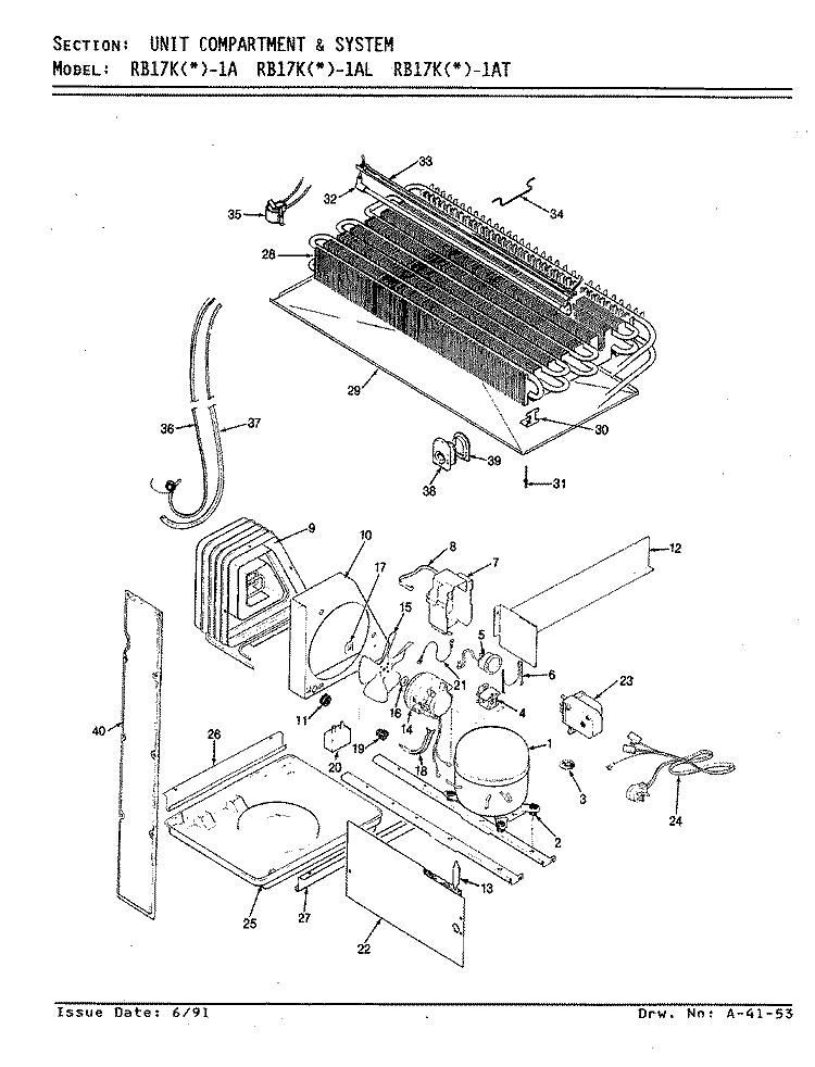 UNIT COMPARTMENT & SYSTEM Diagram and Parts List for RB17KA-1AT BL21A Admiral Refrigerator