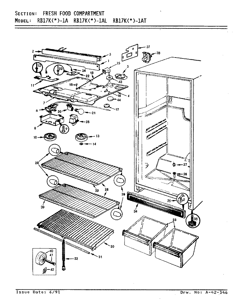 FRESH FOOD COMPARTMENT Diagram and Parts List for RB17KA-1AT BL21A Admiral Refrigerator