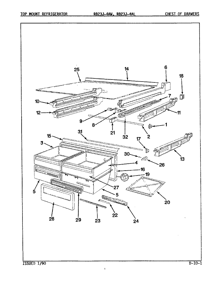 CHEST OF DRAWERS Diagram and Parts List for RB23JN-4AW 9A85A Admiral Refrigerator